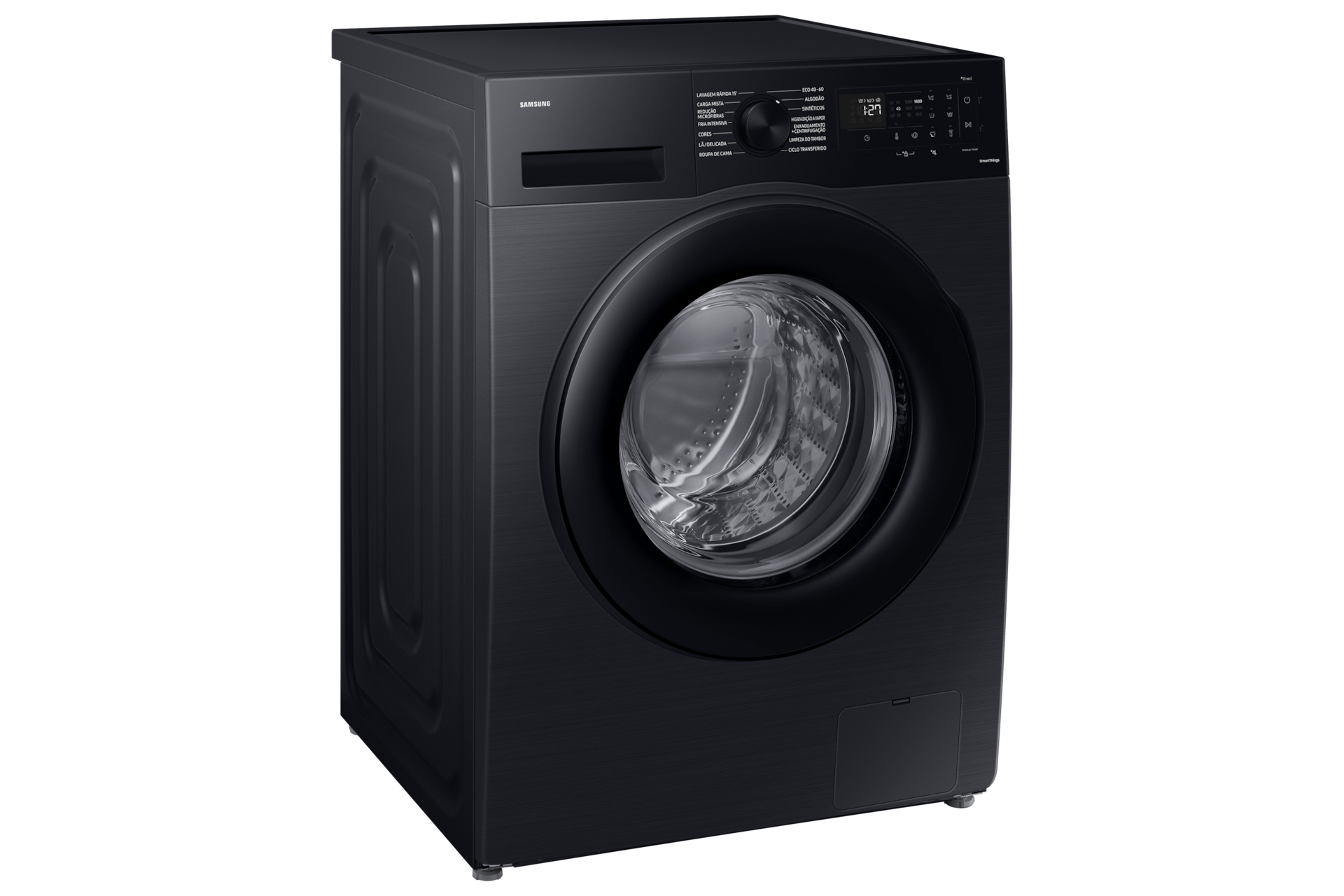 Schwarze Samsung Waschmaschine, schräge Ansicht. Die Maschine hat ein elegantes, dunkles Design.