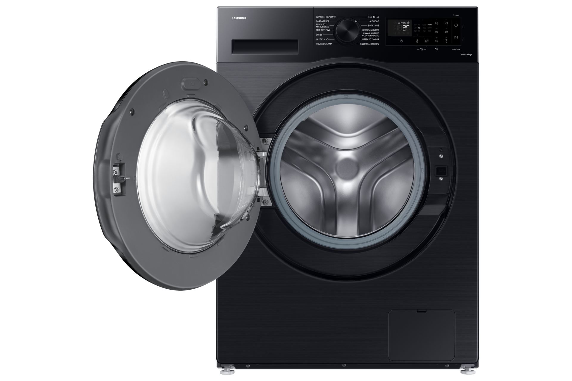 Schwarze Samsung Waschmaschine mit offener Tür. Die Trommel ist sichtbar.