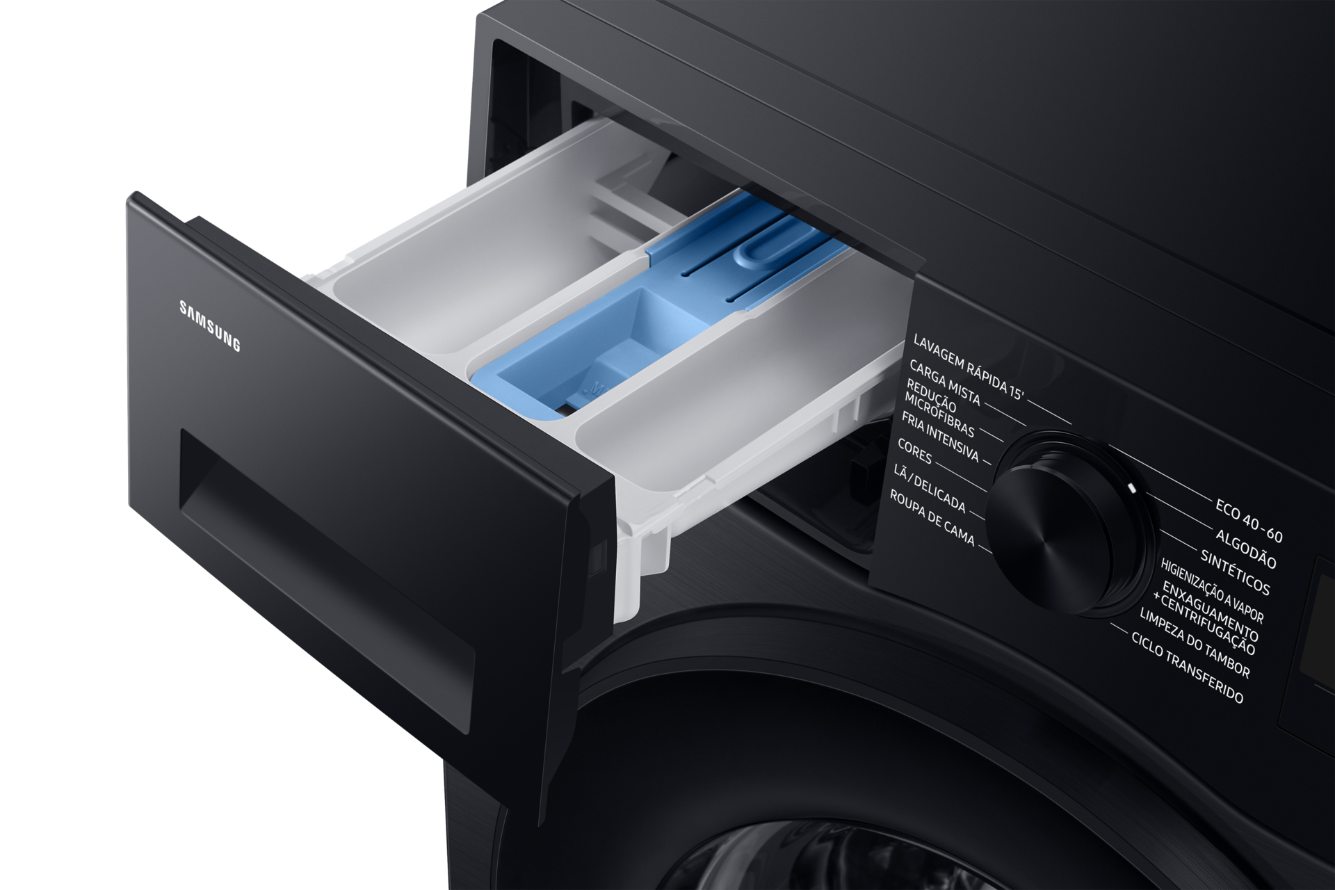 Geöffnete Waschmittel Schublade einer schwarzen Waschmaschine, mit blauer Einlage.