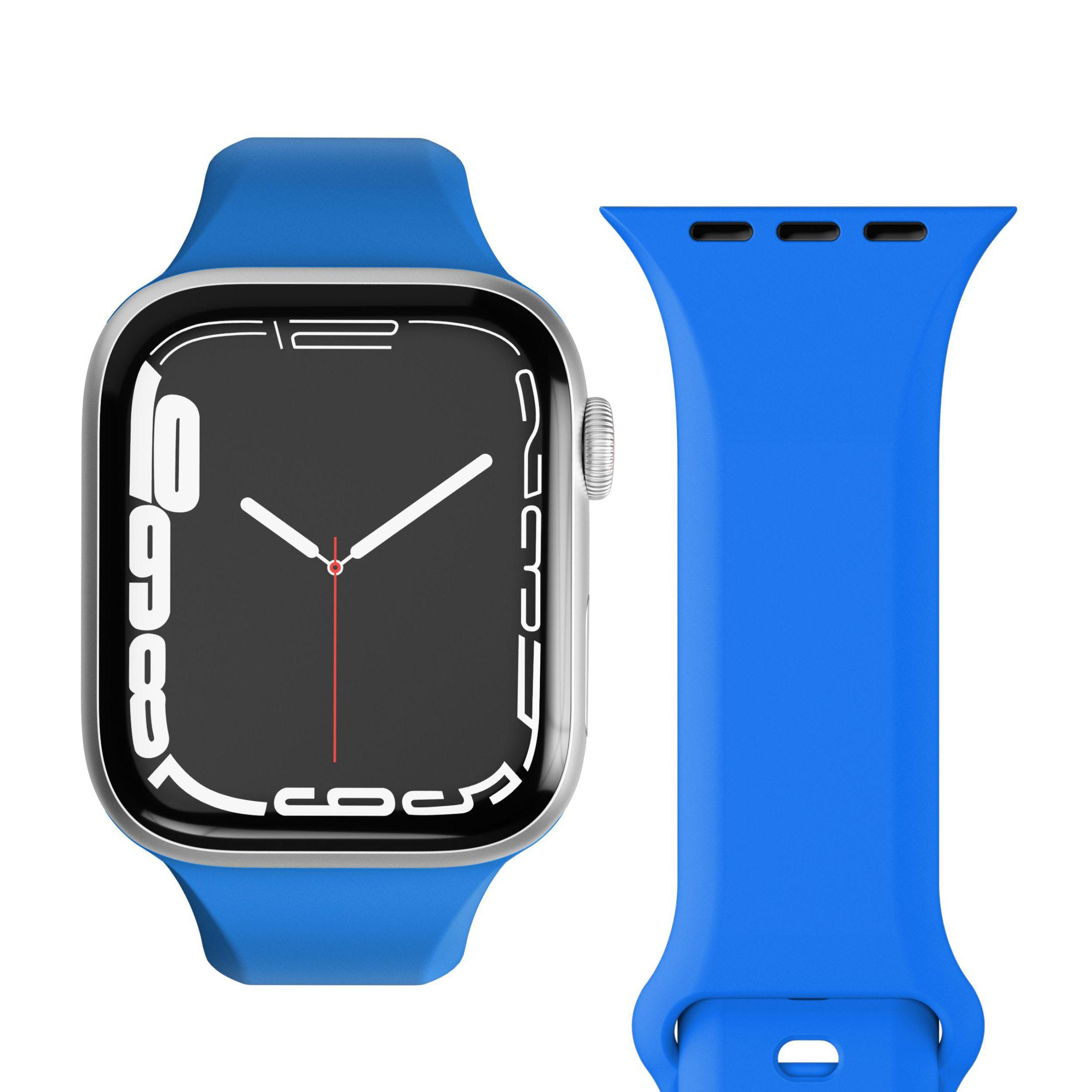 Niebieski smartwatch i pasujący pasek, wyświetlane na białej powierzchni.