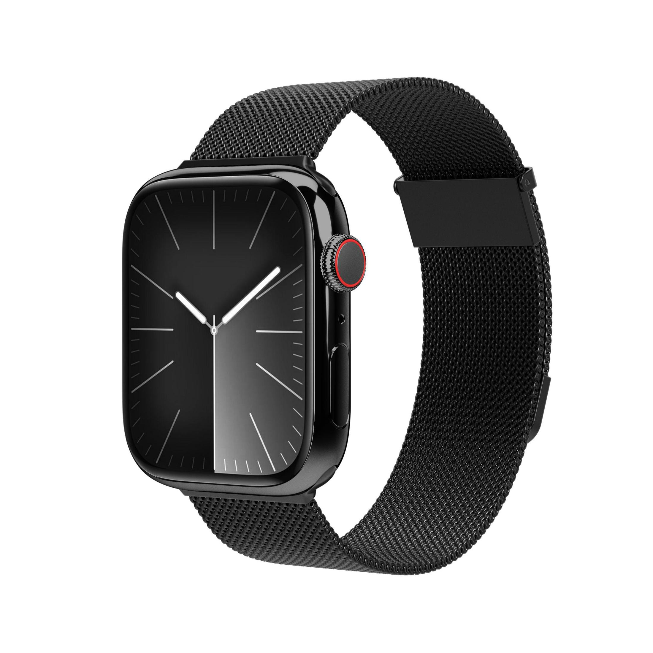 Uno smartwatch nero con un cinturino in metallo nero. Il quadrante è nero e mostra indicatori bianchi.