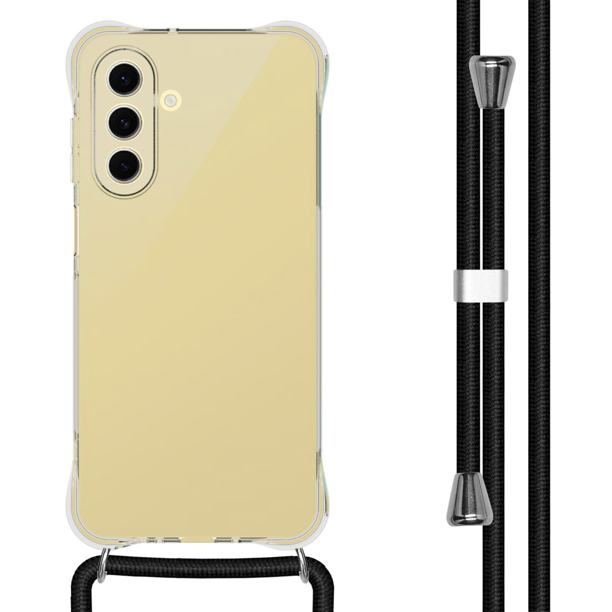 Telefon mit klarer Hülle und schwarzem Umhängeband. Das Umhängeband hängt herunter.
