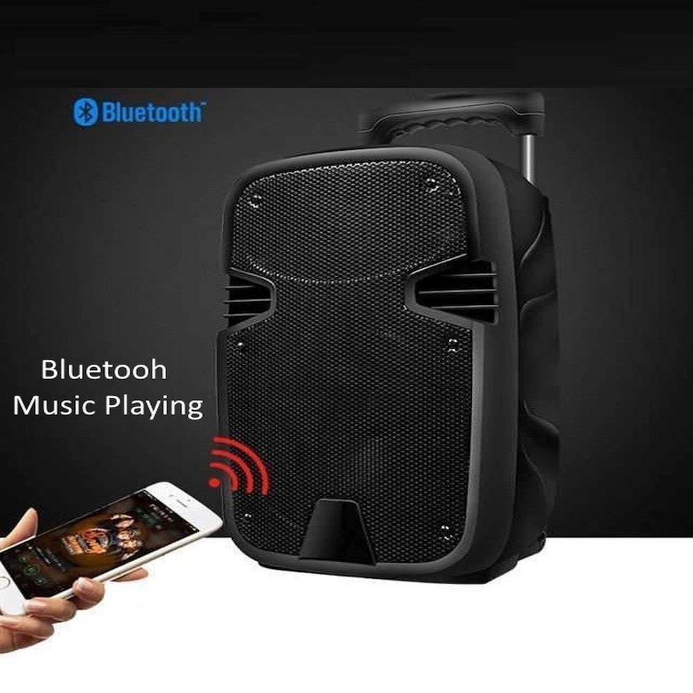 Un altoparlante Bluetooth nero con un telefono che mostra la riproduzione musicale e il logo Bluetooth.