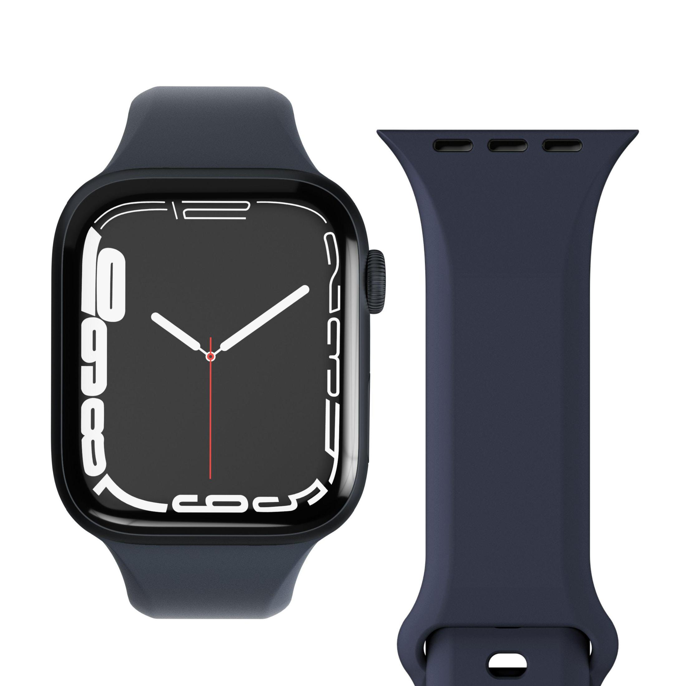 Uno smartwatch nero con schermo scuro e un cinturino blu navy accanto.