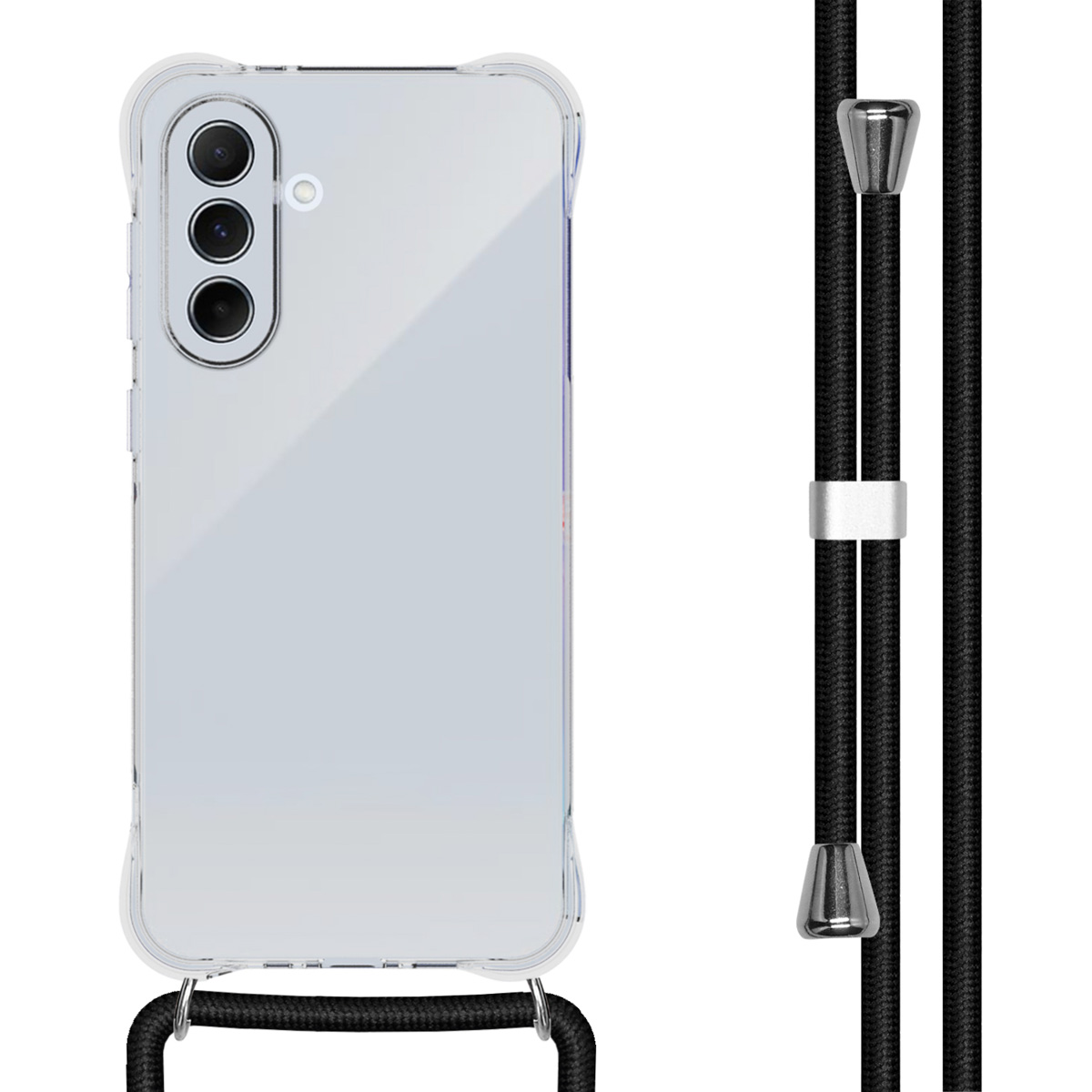 Transparante telefoonhoes met zwart koord en zilveren details. Witte achtergrond.