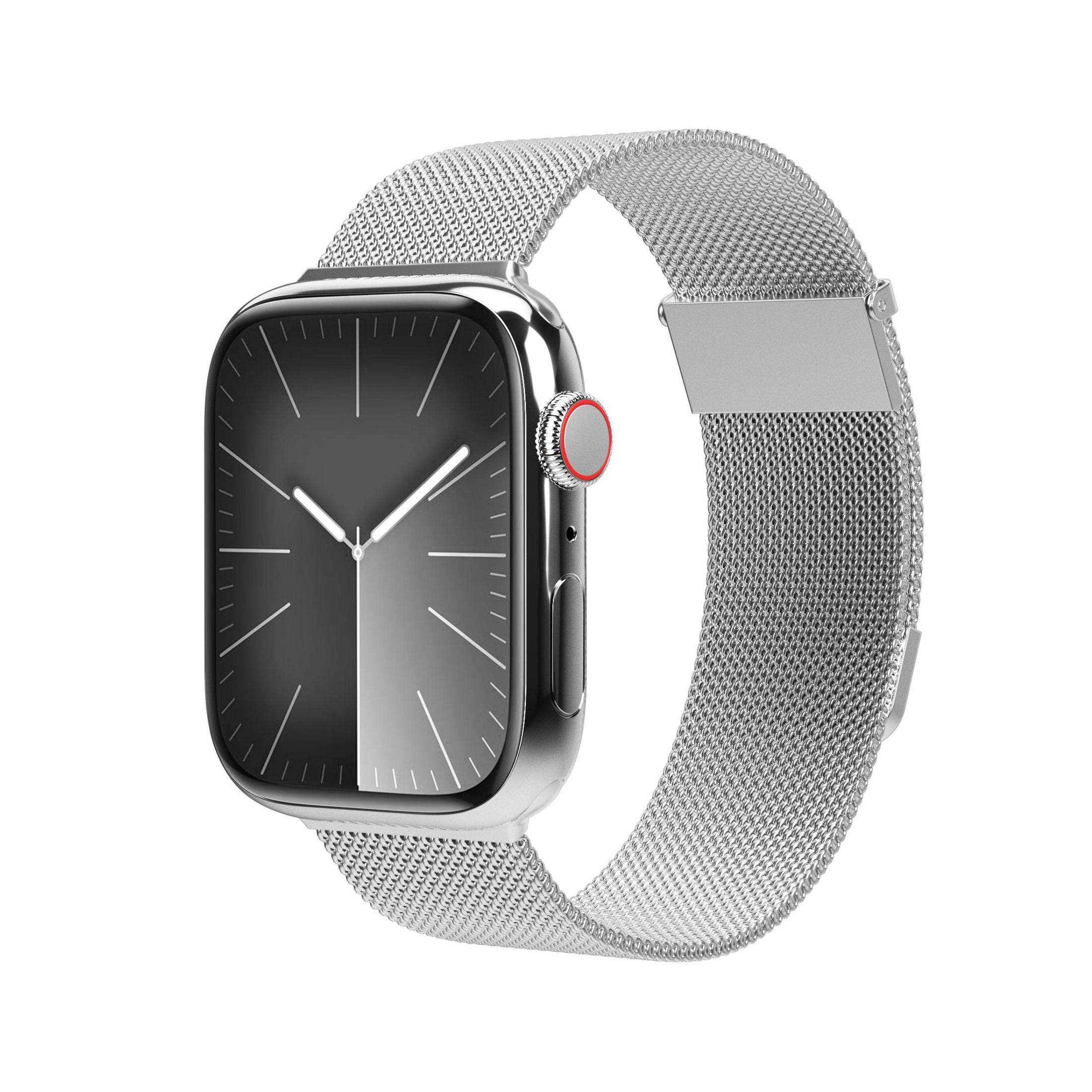 Uno smartwatch argentato con cinturino in metallo a rete, schermo nero e pulsante rosso. Il cinturino è ad anello.