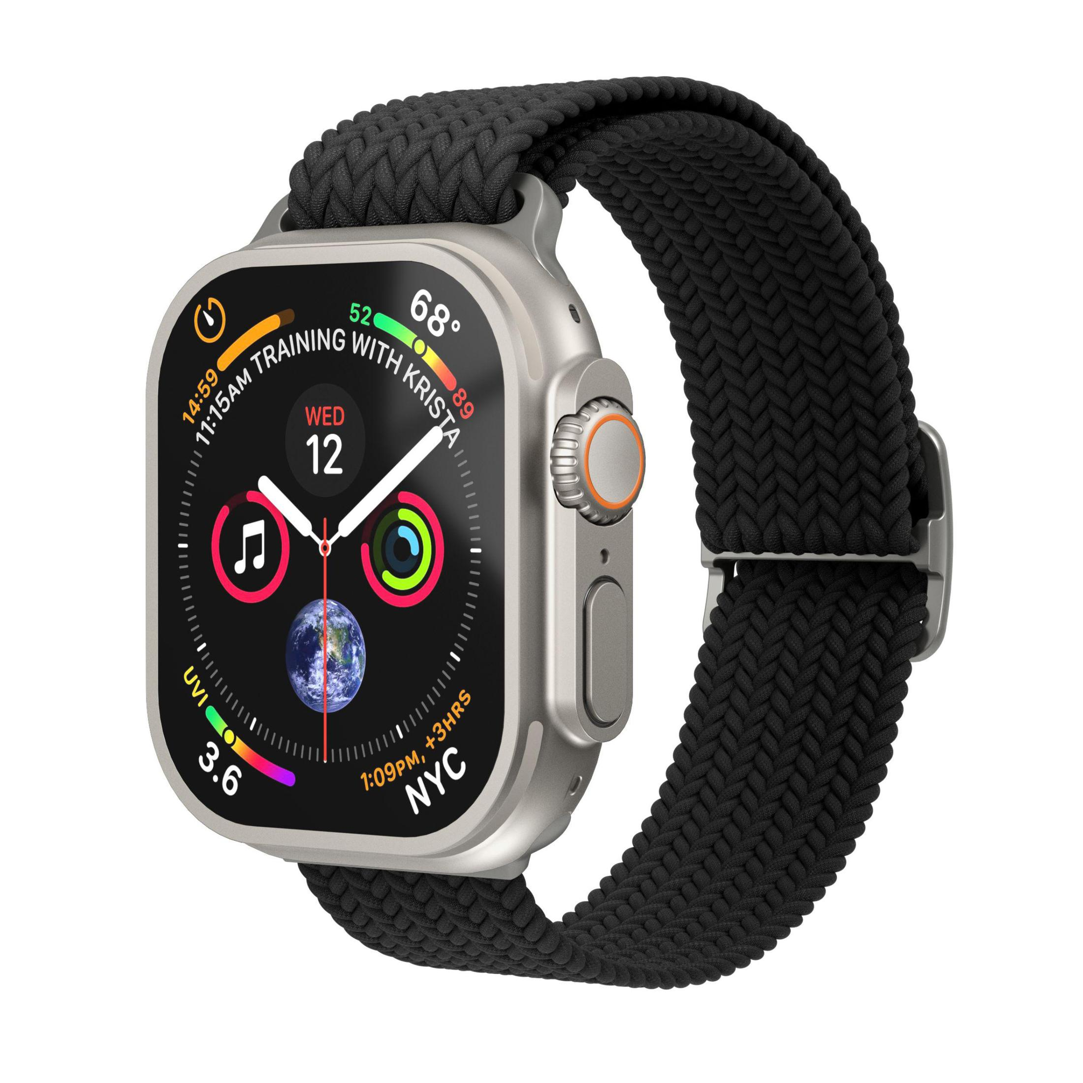 Srebrny Apple Watch Ultra z czarnym plecionym paskiem, wyświetlający tarczę.