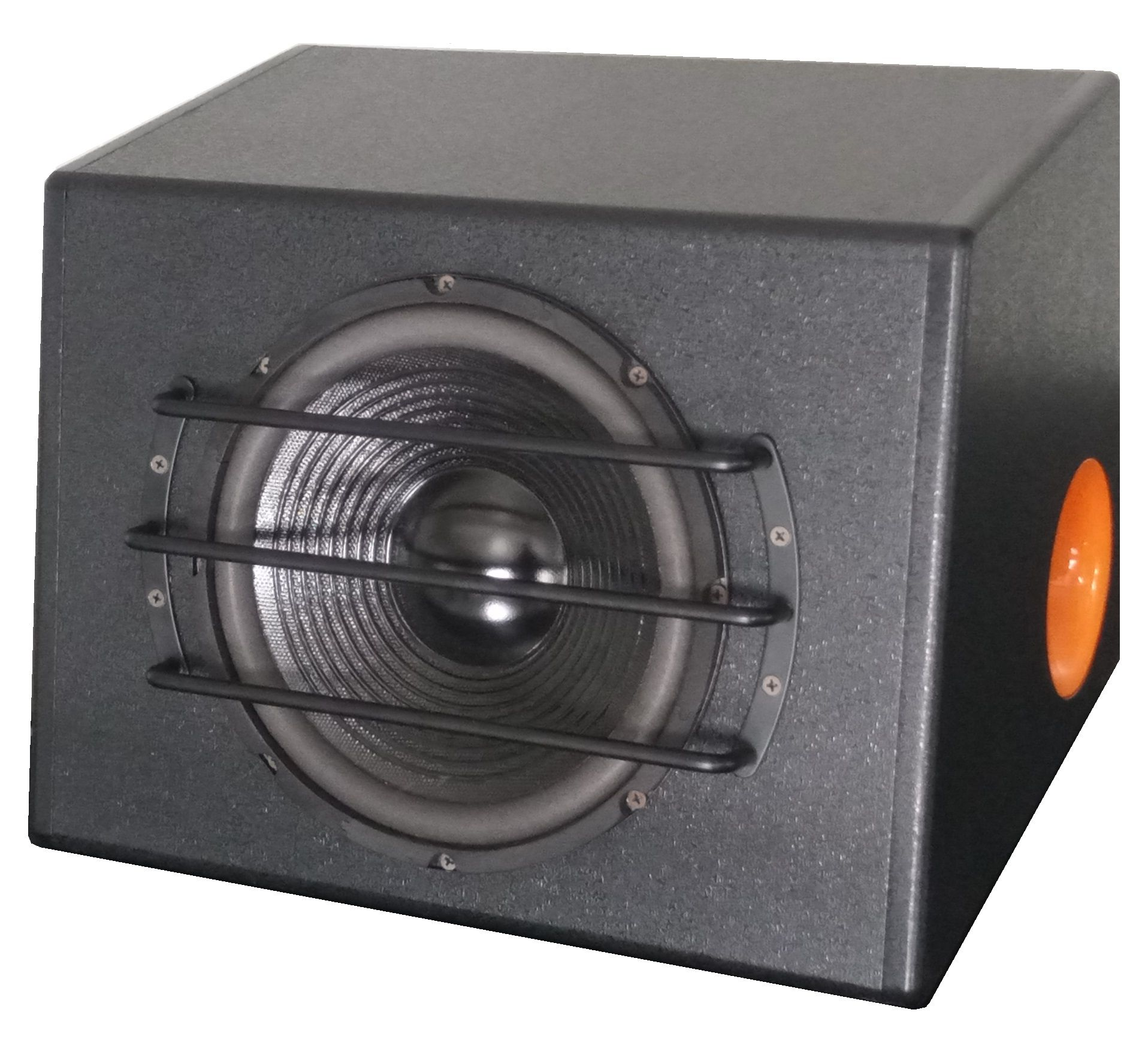 Una scatola per altoparlanti nera con un subwoofer e una porta arancione.