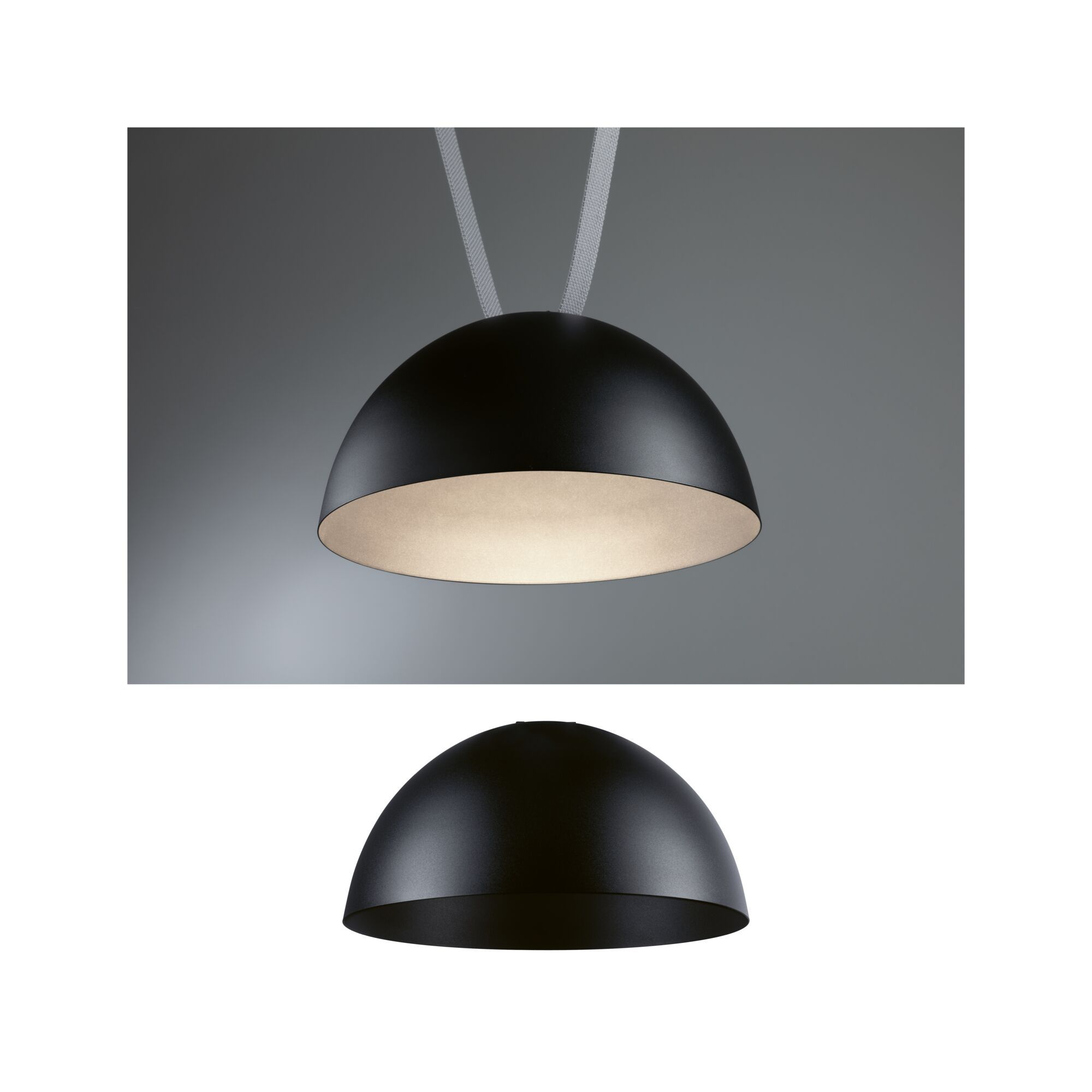 Schwarze, kuppelförmige Lampen. Eine hängt. Grauer und weißer Hintergrund.