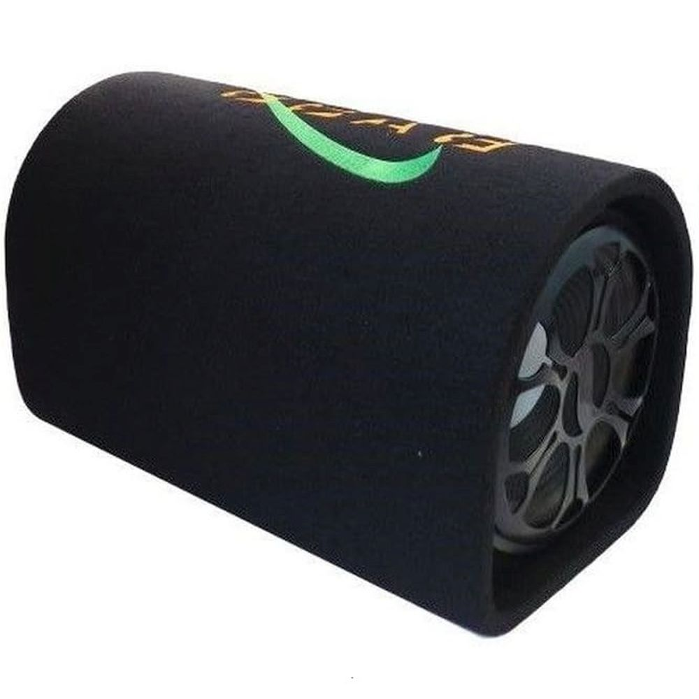 Subwoofer cilindrico nero per auto, con griglia per altoparlante.