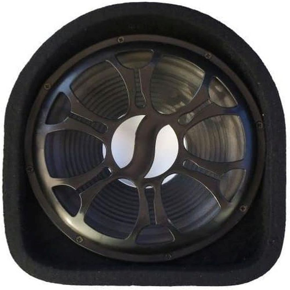 Altoparlante subwoofer nero, con un design unico e il nome del marchio all'interno.