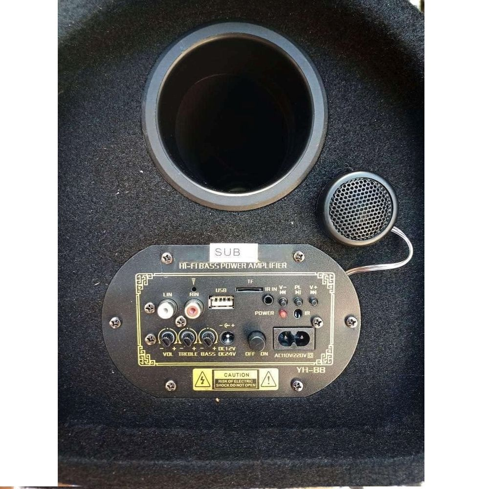 Pannello posteriore dell'altoparlante nero con porte e controlli.