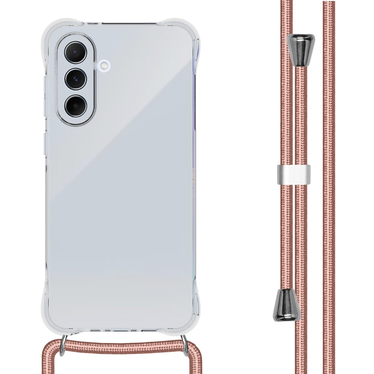 Telefoonhoes met een roze koord en zilveren details. Witte achtergrond.