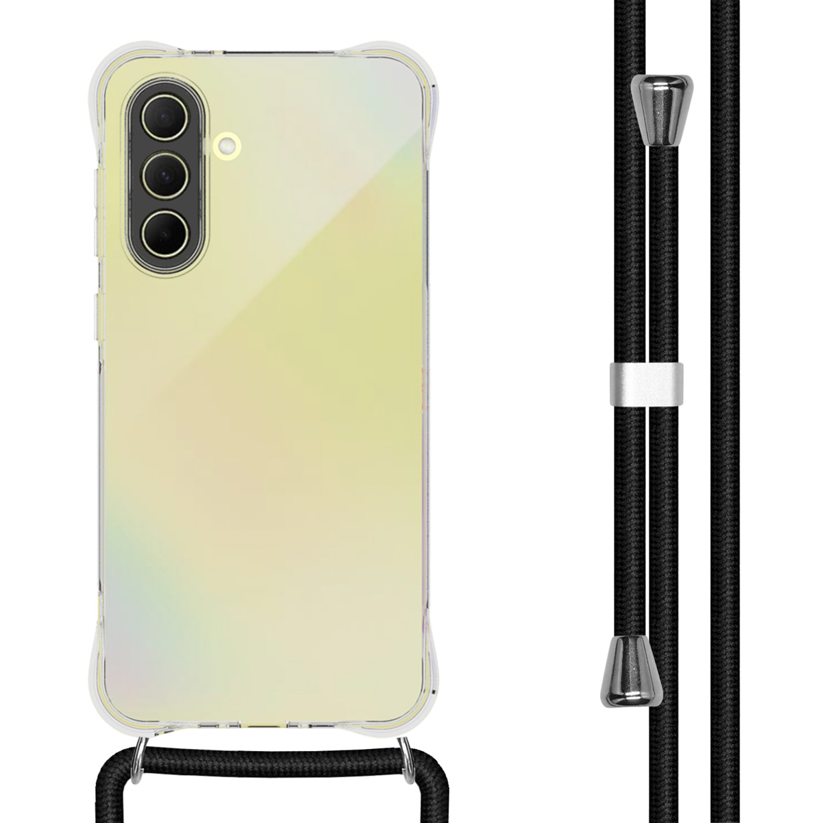 Transparante telefoonhoes met zwart koord, zilveren accenten, witte achtergrond, geel getinte hoes.
