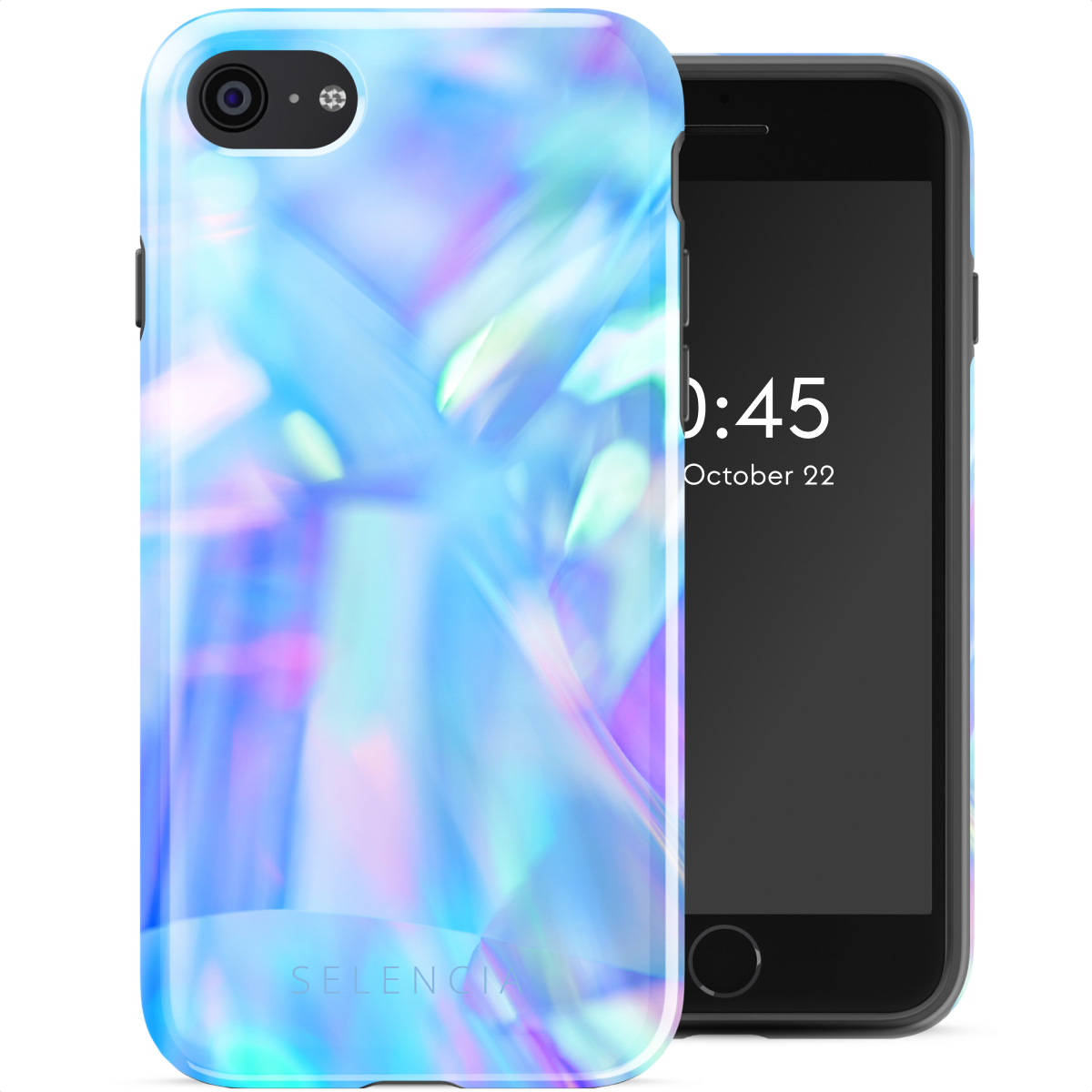 Telefoonhoesje met een iriserend ontwerp naast een zwarte smartphone.