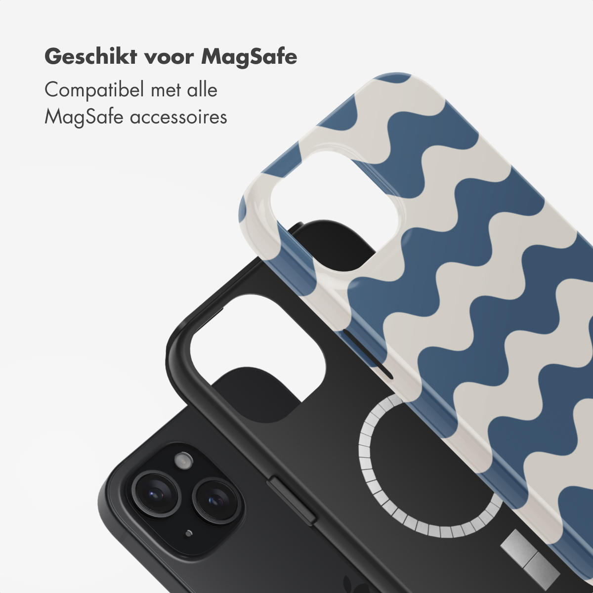 Black phone with a blue and white wavy patterned case, showing MagSafe.