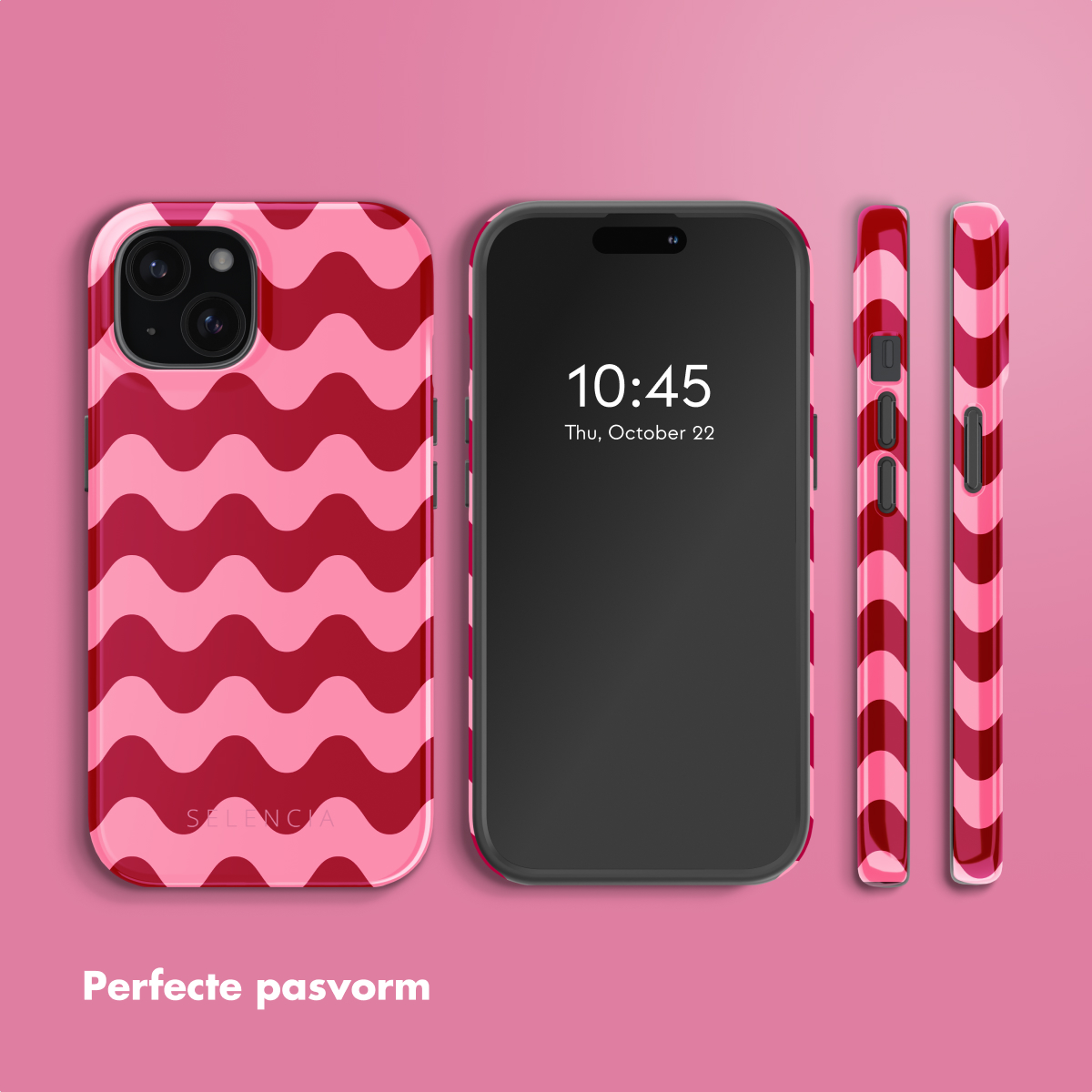 Pink wavy phone case and a black phone with a pink background. Displays time and date.