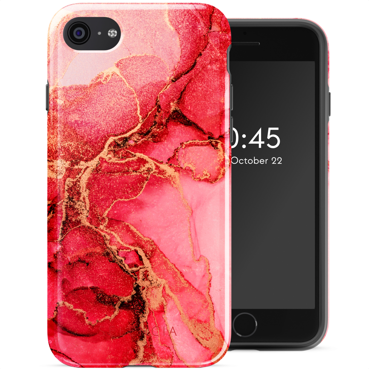 Telefoonhoesje met rood en goud marmer design. Telefoonscherm toont 0:45 en de datum.