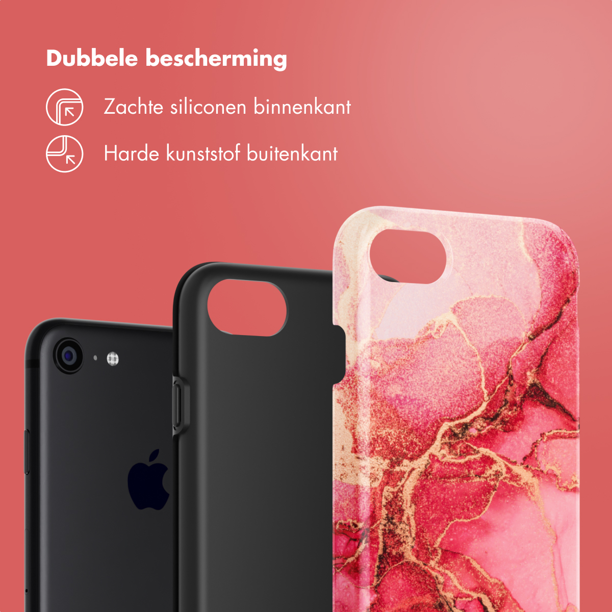 Drie telefoonhoesjes: zwart, zwart en telefoonhoesje met rood en goud marmereffect.