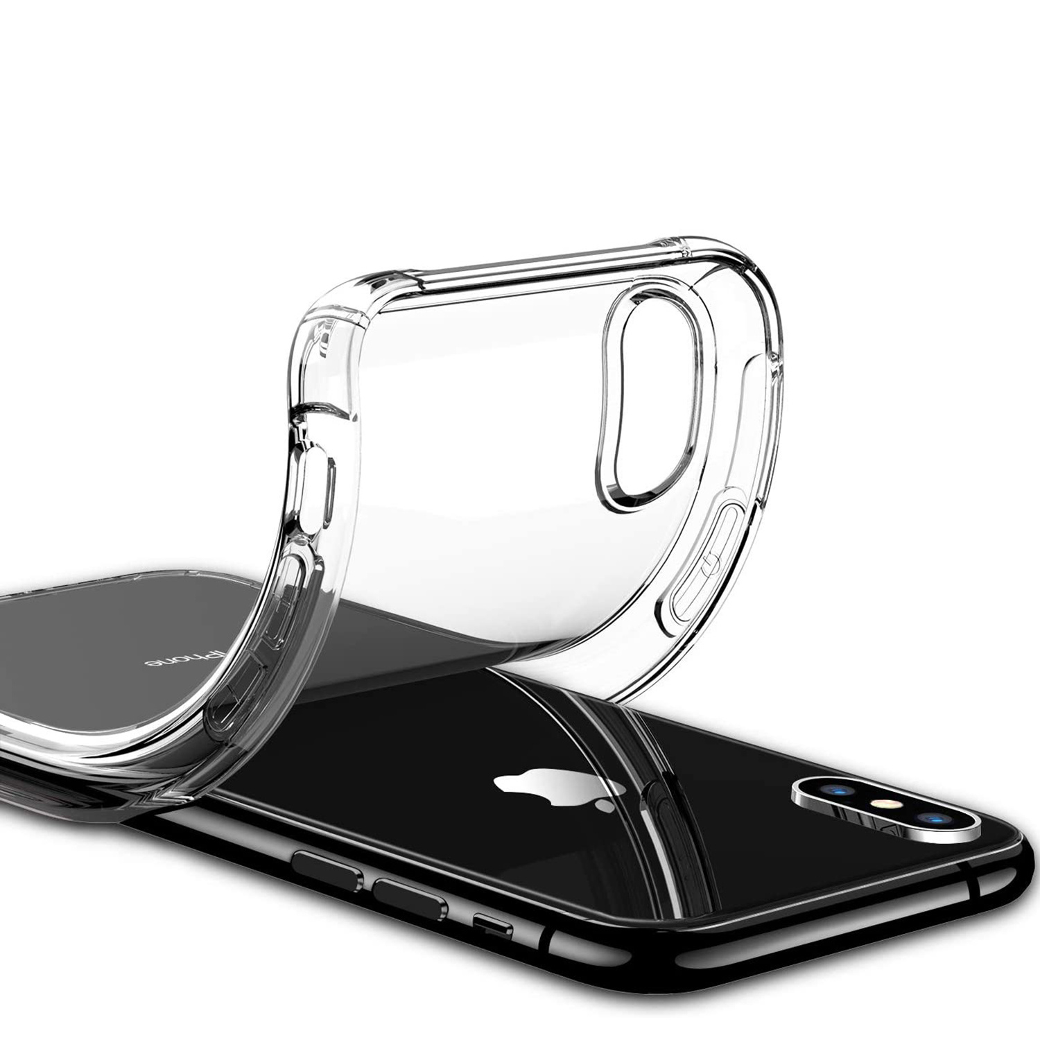 Custodia trasparente per telefono su un telefono nero, che mostra il design del telefono.