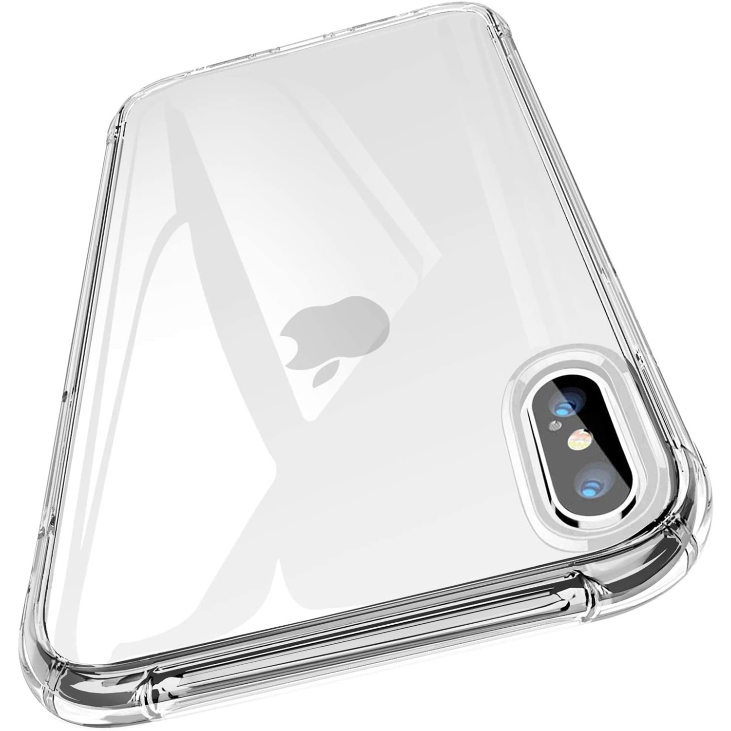 Custodia trasparente per telefono su sfondo bianco. Logo Apple visibile. La custodia circonda il telefono.