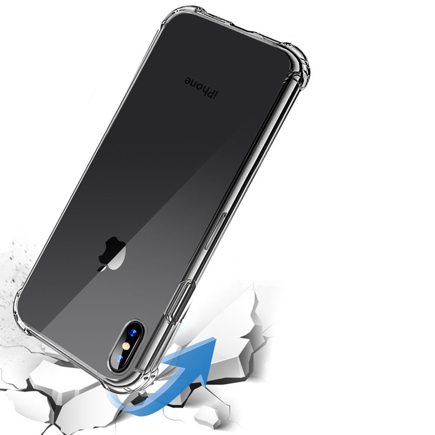 Una custodia trasparente per telefono che protegge un telefono, con una freccia che indica l'impatto.