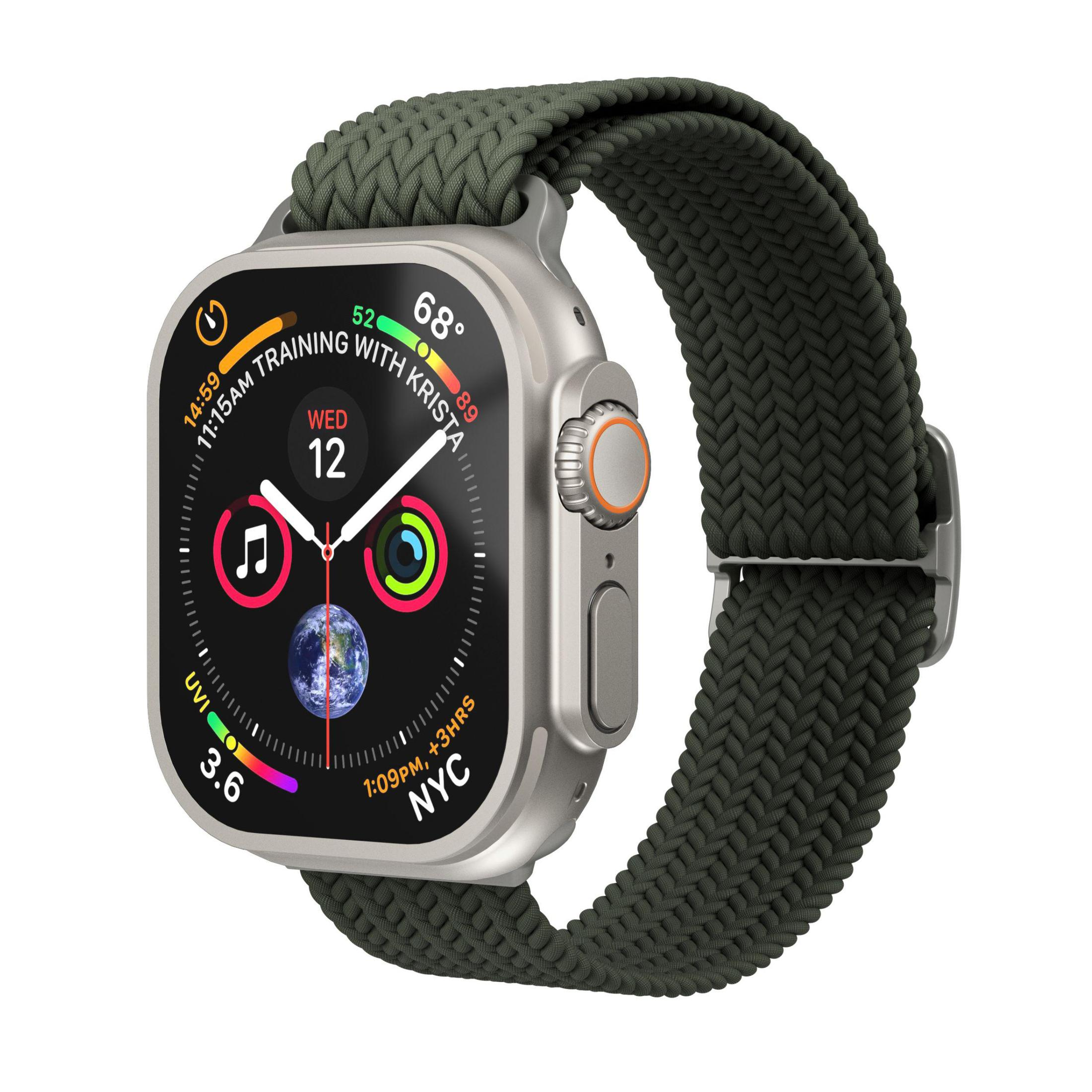 Srebrny Apple Watch z zieloną opaską, wyświetlający czas i dane zdrowotne.