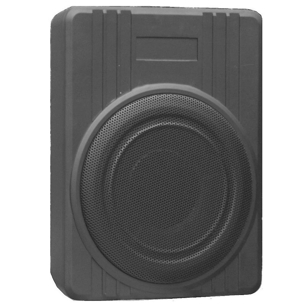 Un subwoofer nero con un altoparlante circolare e una cornice rettangolare.