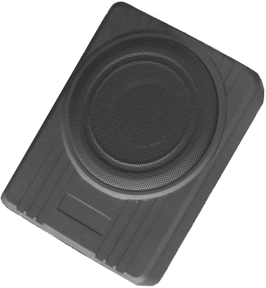 Un subwoofer nero con una griglia frontale, di forma rettangolare.