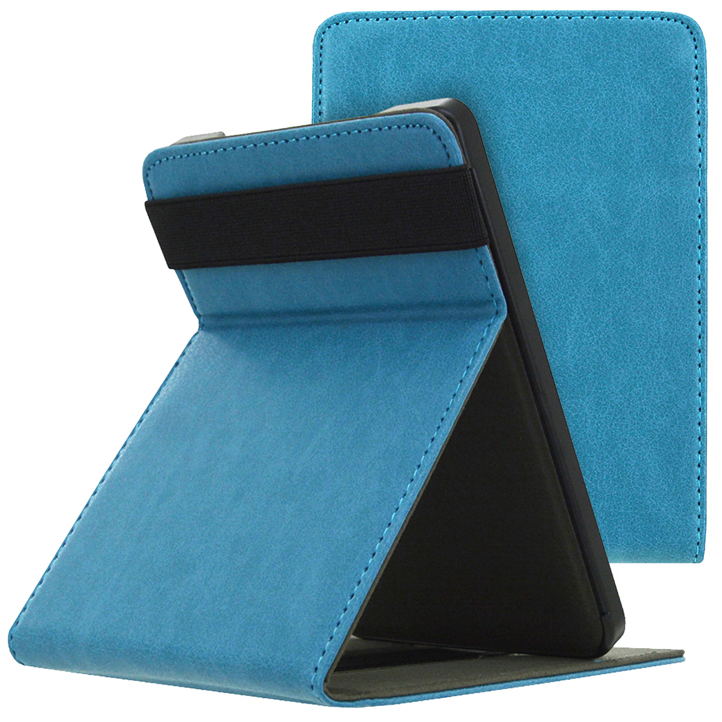 Blue e-reader case. Case is open, propping up the e-reader. Black elastic band on the back.
