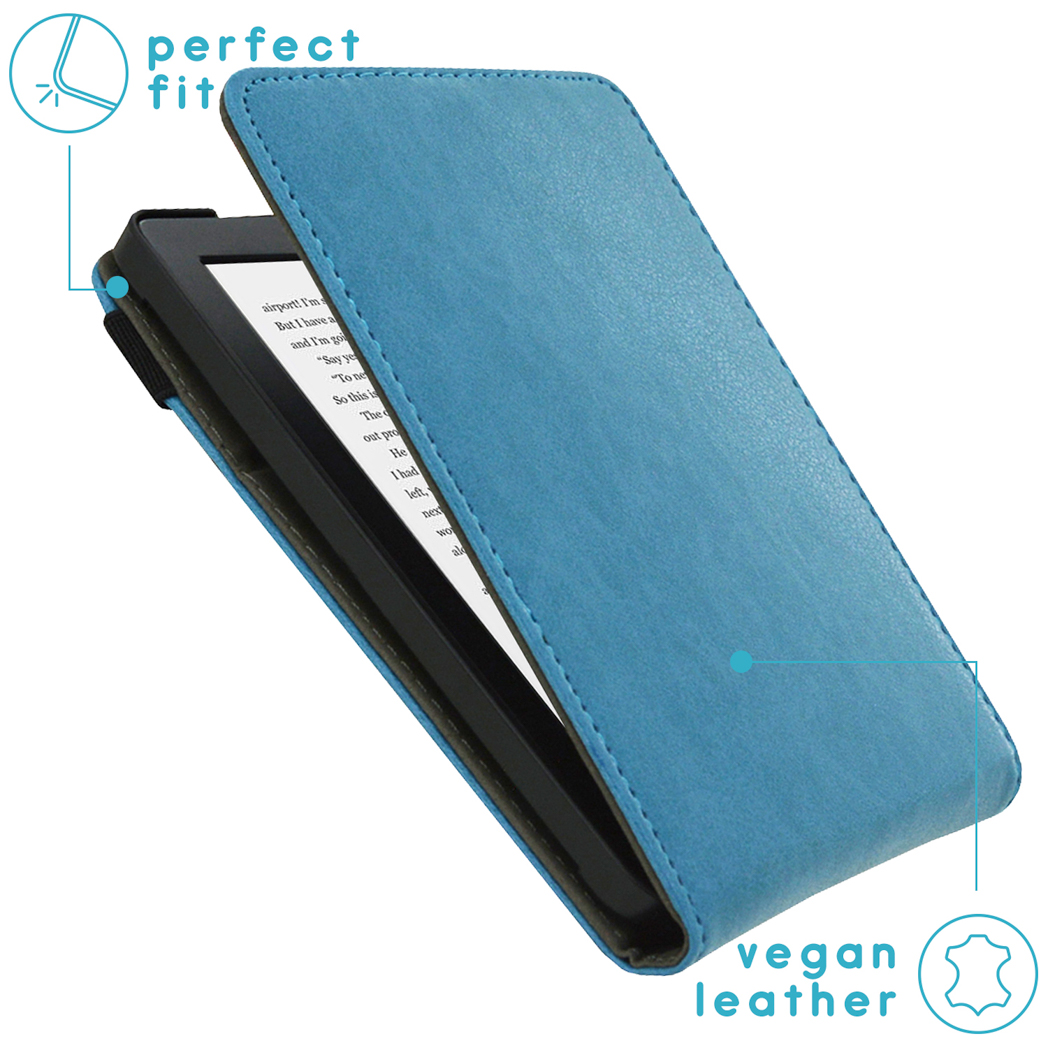 Blue leather Kindle case, black Kindle inside, opened at an angle, perfect fit, vegan leather.