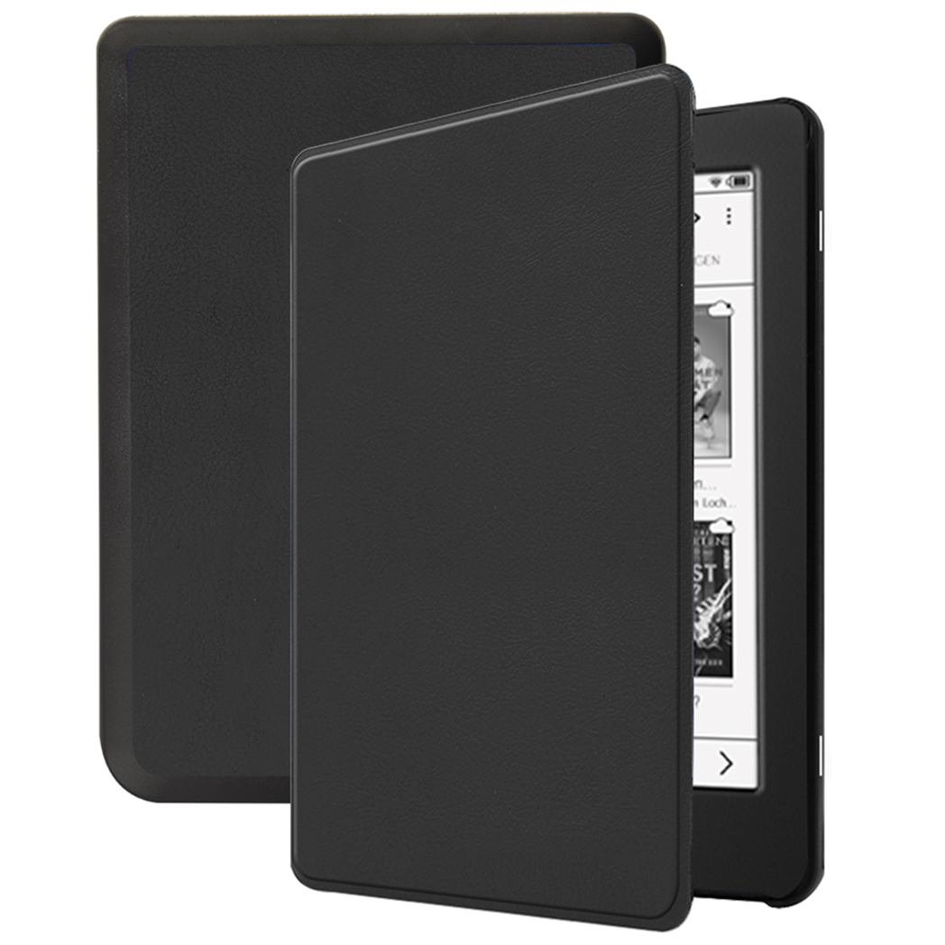 Zwarte e-reader hoes, open om het e-reader scherm te laten zien.