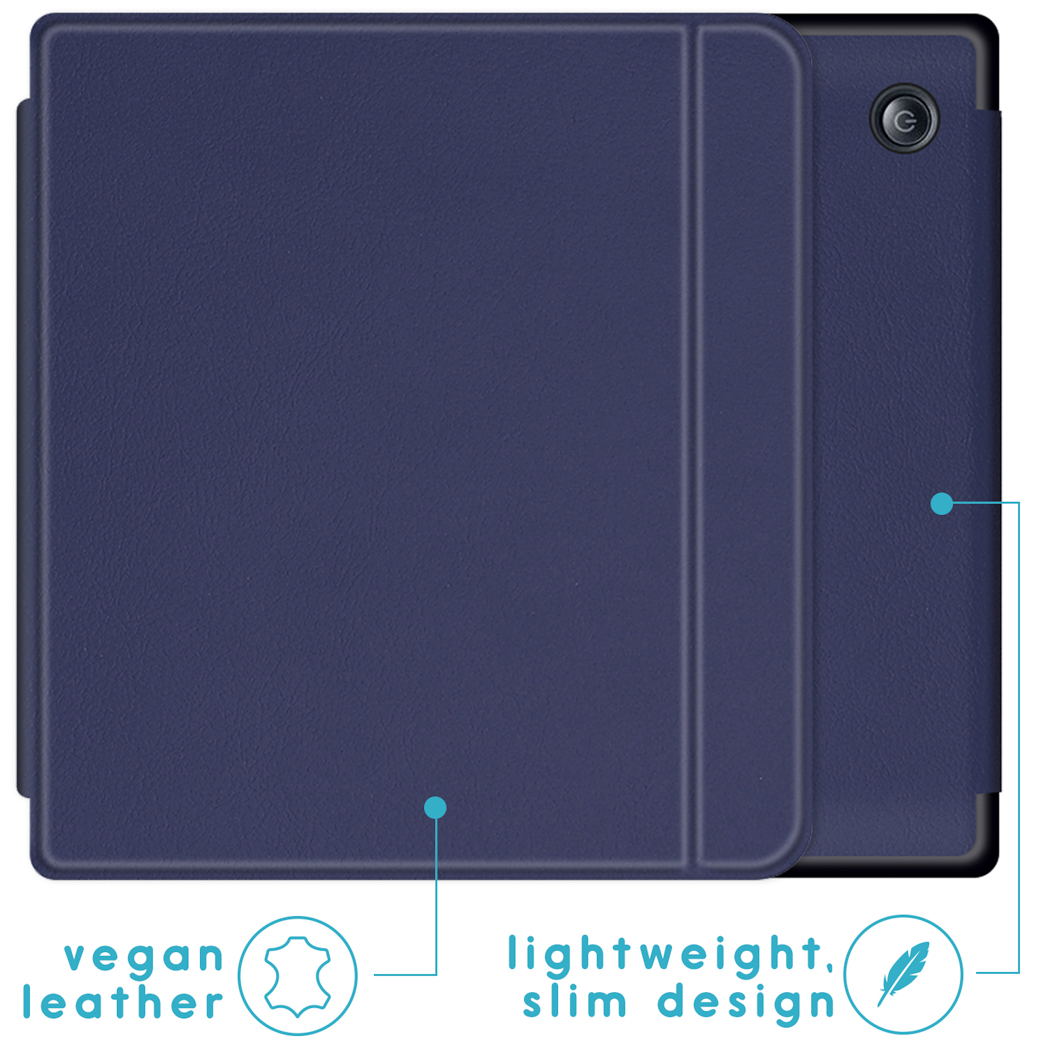 Blauwe tablethoes, open. Toont een tablet erin. Kenmerken: veganistisch leer en lichtgewicht, slank ontwerp.