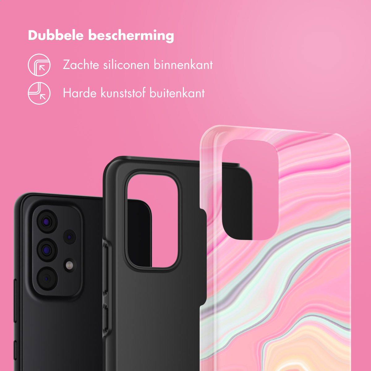 Coques de téléphone, marbre noir et rose, double protection, silicone souple à l'intérieur, plastique dur à l'extérieur.