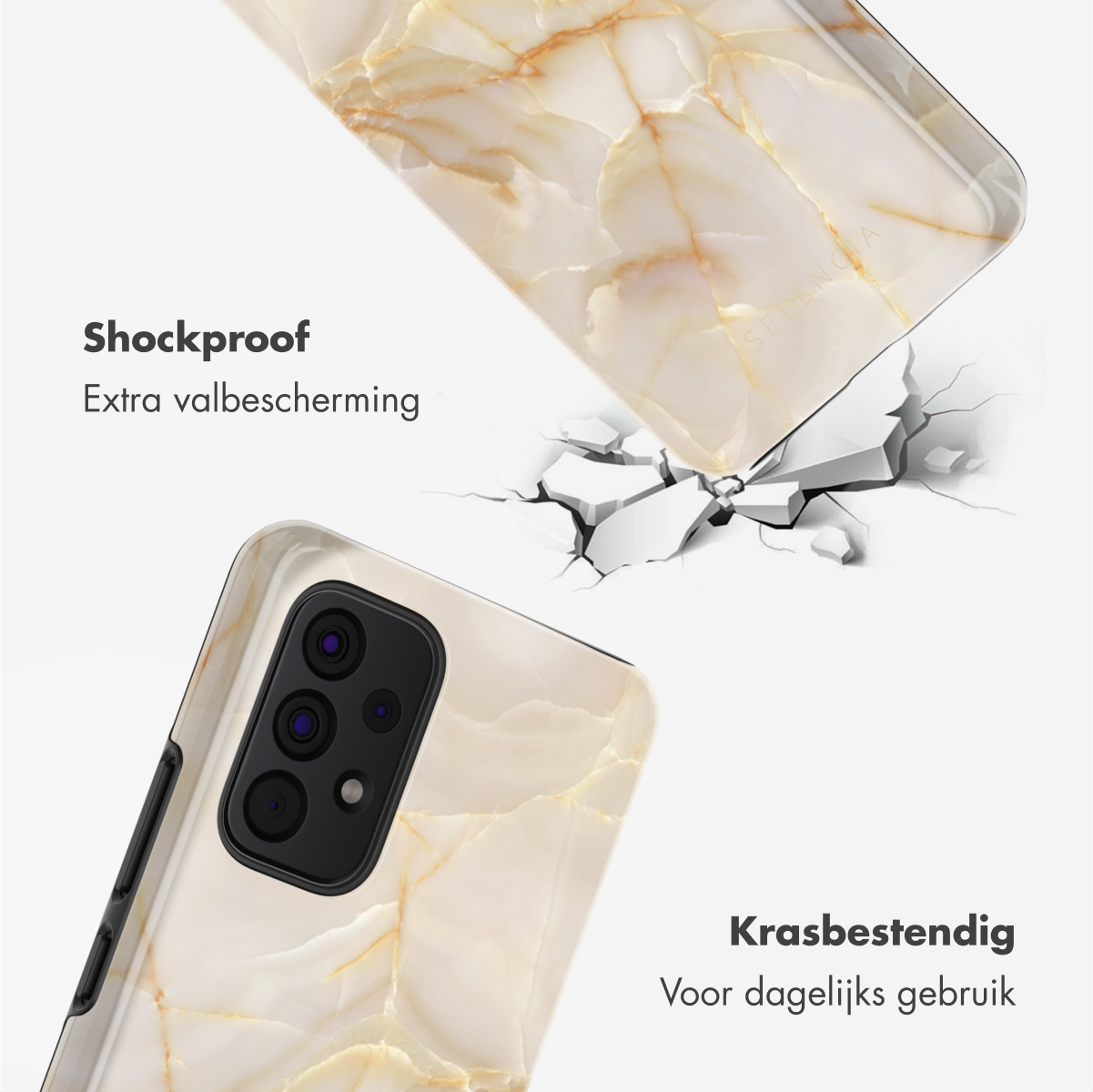 Coque de téléphone en marbre et un téléphone. La coque est blanche et dorée avec une surface fissurée.