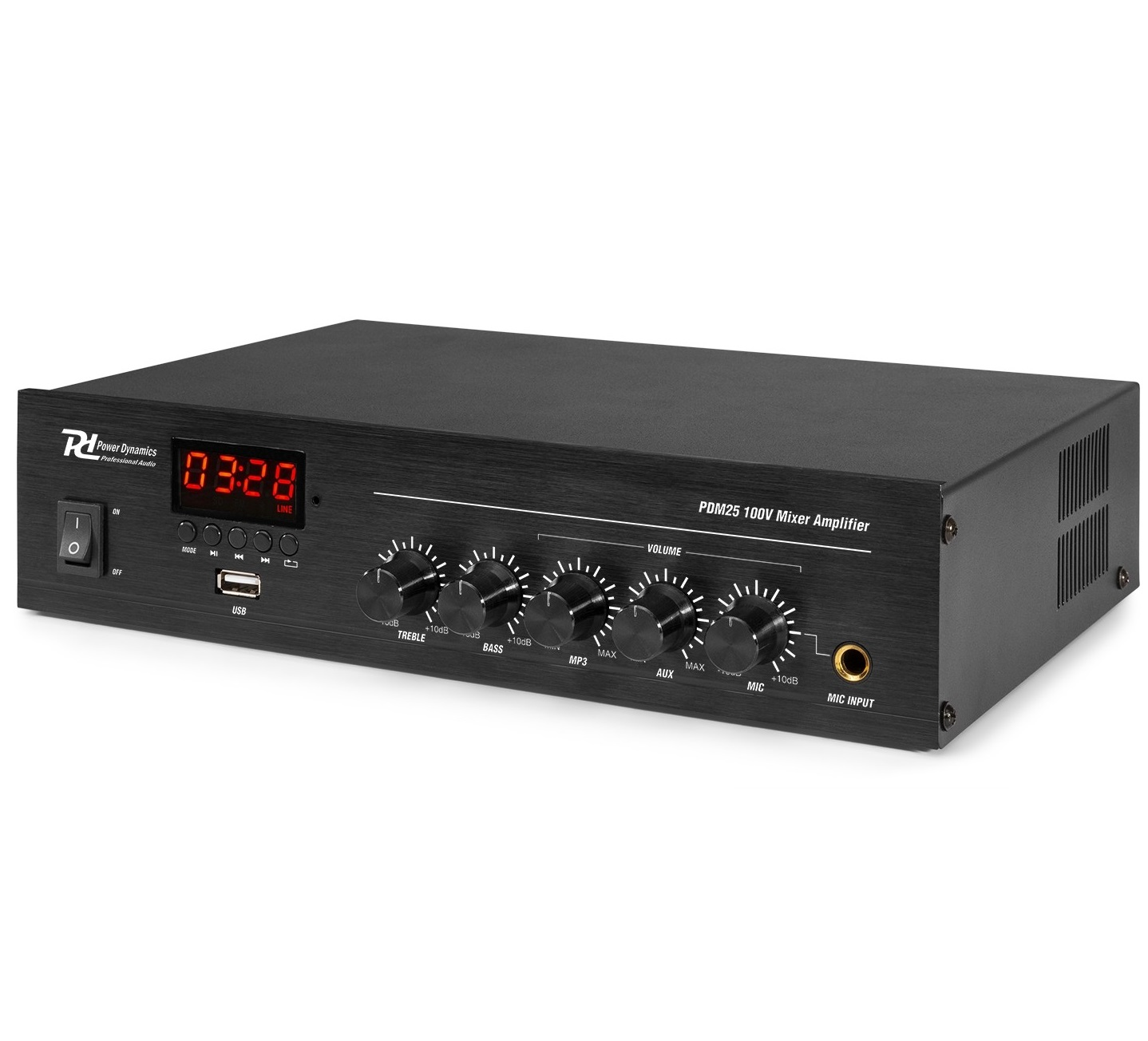 Un mixer audio nero con varie manopole, display che mostra 03:28 e il testo "MIC INPUT".