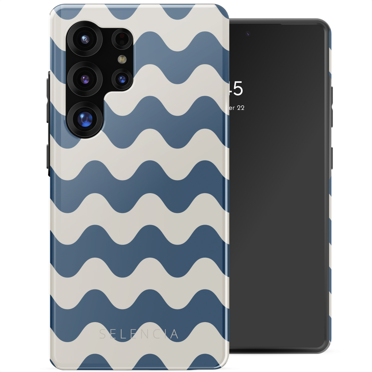 Blauw en wit golvend telefoonhoesje op een telefoon, met het Selencia-logo.