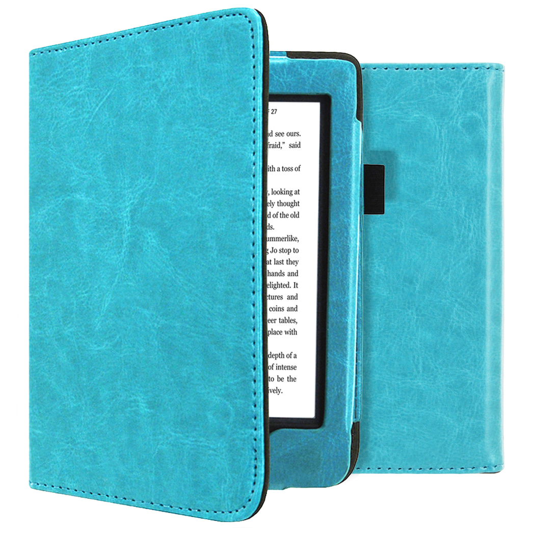 Appareil de type Kindle turquoise dans un étui. L'étui est ouvert, montrant l'écran avec du texte.