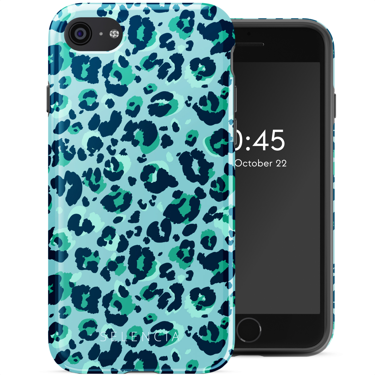 Telefoon met een blauw-groene luipaardprint hoes. Tijd: 10:45, 22 oktober.