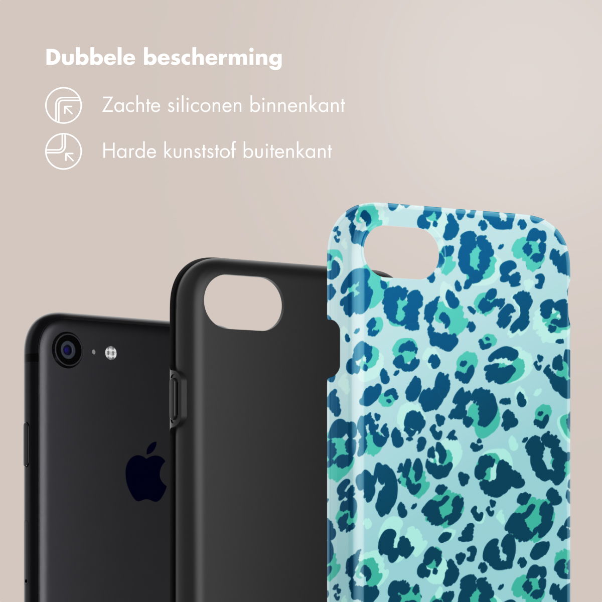 Drie telefoonhoesjes: één zwart, één teal en donkerblauw luipaardprint, één zwart. Tekst luidt: dubbele bescherming.