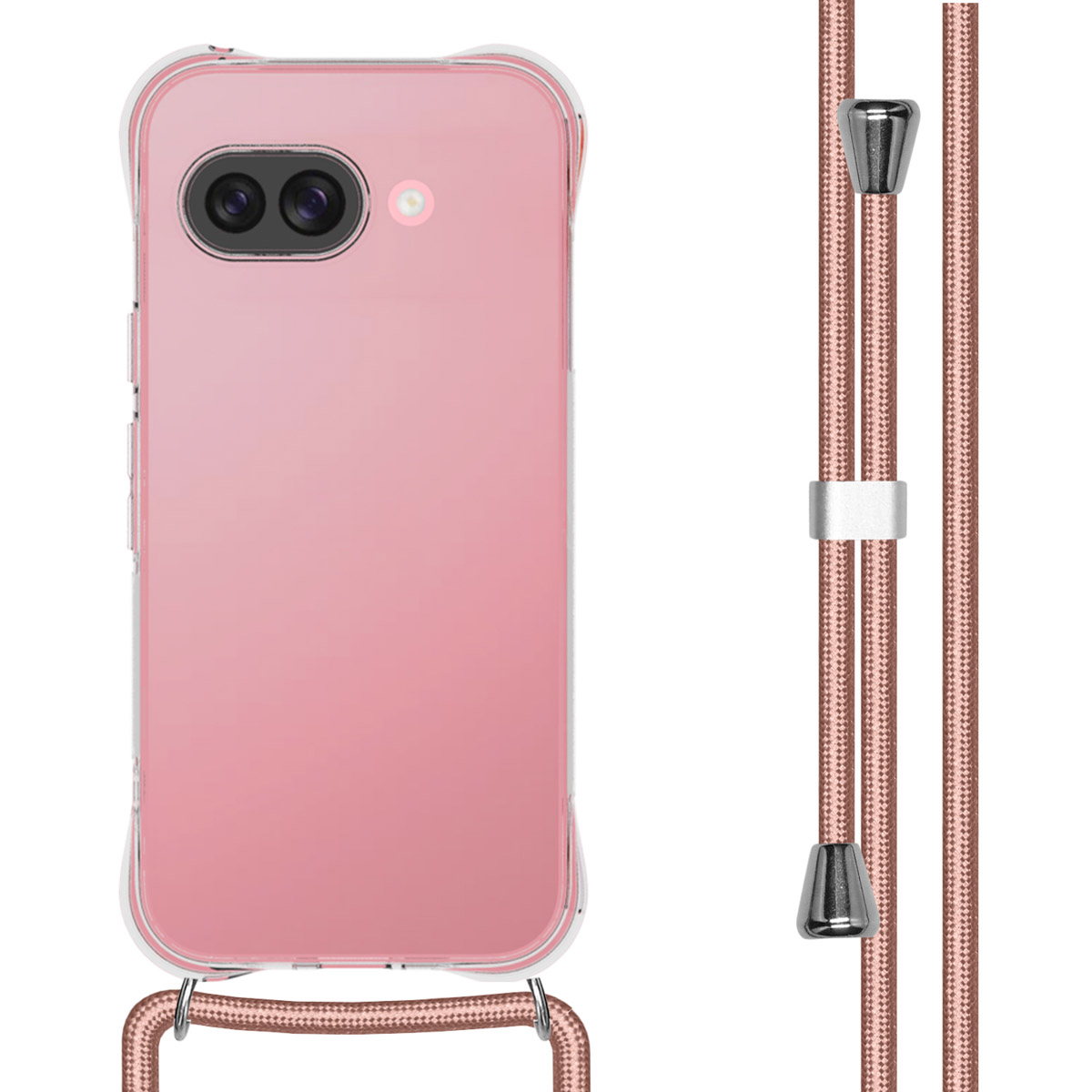 Coque de téléphone rose avec un cordon rose sur un téléphone rose, montrant une lanière.