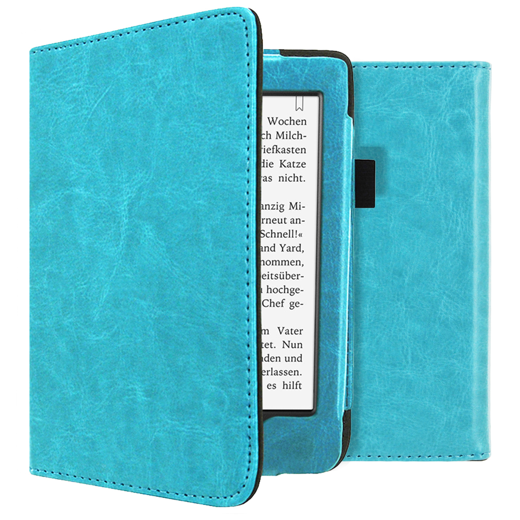 Blauwe e-reader hoes, open om het apparaat te laten zien. Tekst op het apparaat. Hoes is open.