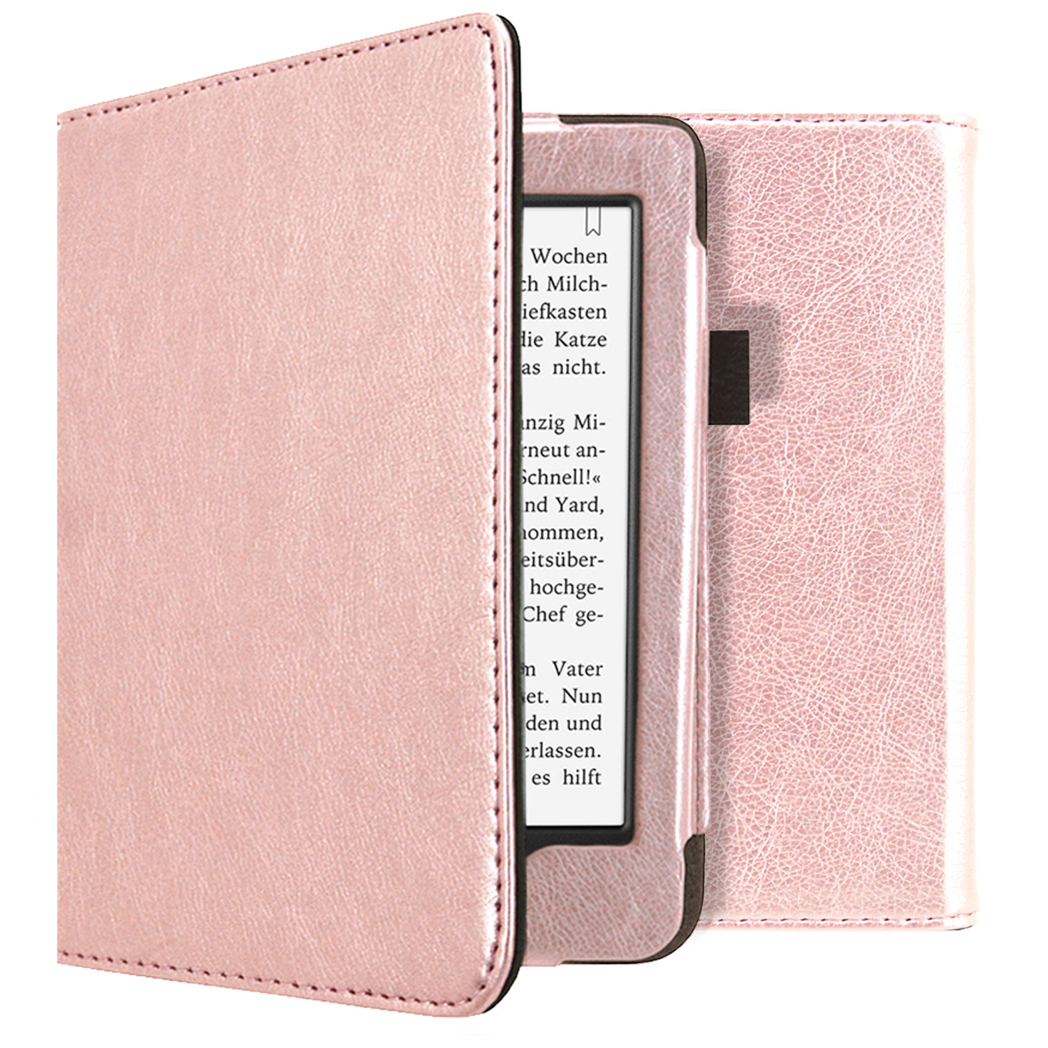 Étui de liseuse en cuir rose de style livre, ouvert, montrant l'écran et le texte.