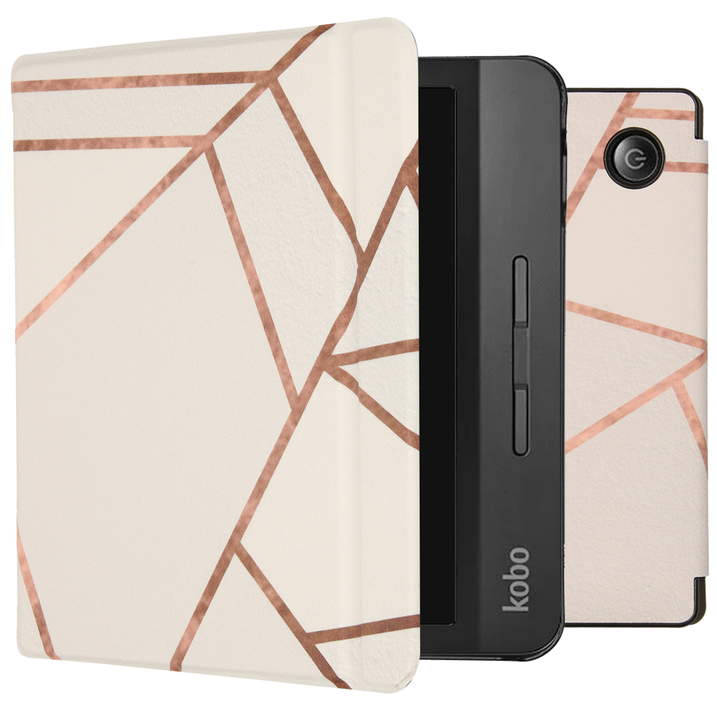 Crèmekleurige Kobo-hoes met roségouden geometrisch ontwerp. Open, toont zwart Kobo-apparaat.