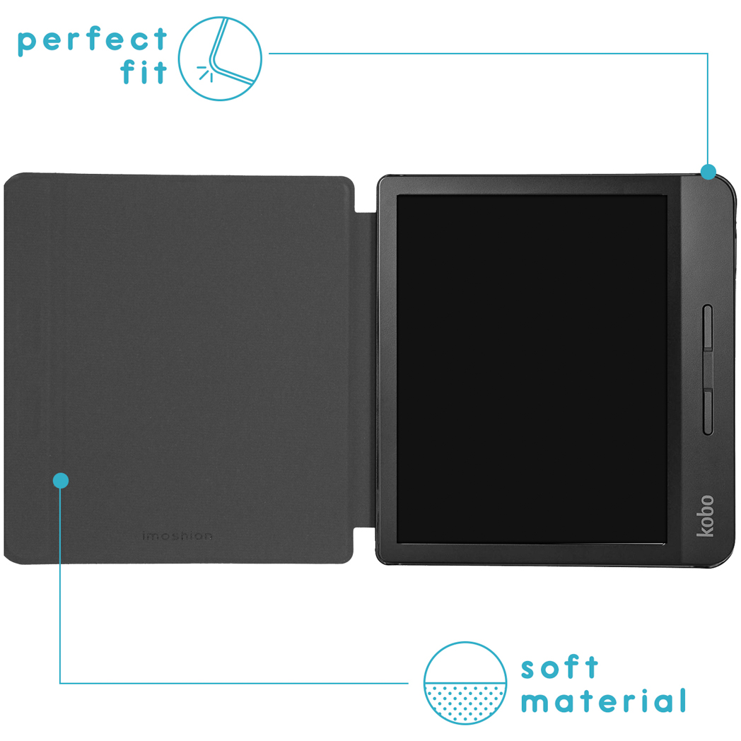 Zwarte e-reader met open grijze hoes. Tekst: perfecte pasvorm, zacht materiaal.