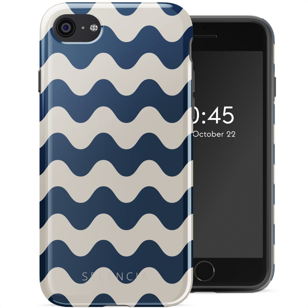 Telefoonhoesje met blauw en crèmekleurig golfpatroon. Telefoonscherm toont 0:45 en de datum.