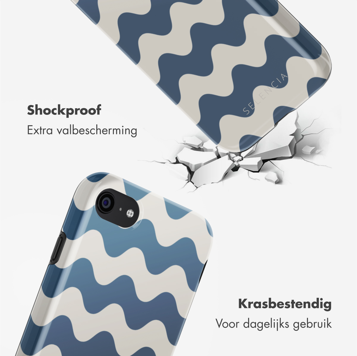 Telefoonhoesje met blauw en wit golfpatroon en grafiek van gebroken glas. Witte achtergrond.