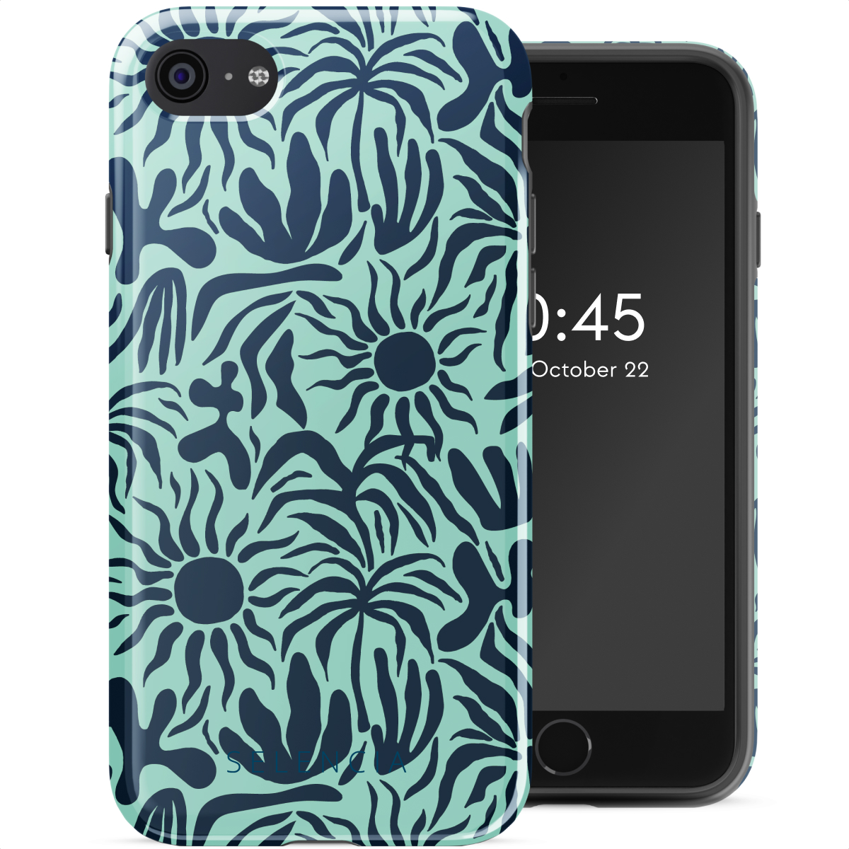 Telefoon in een blauwe bloemenhoes. Tijdweergave: 0:45, 22 oktober.