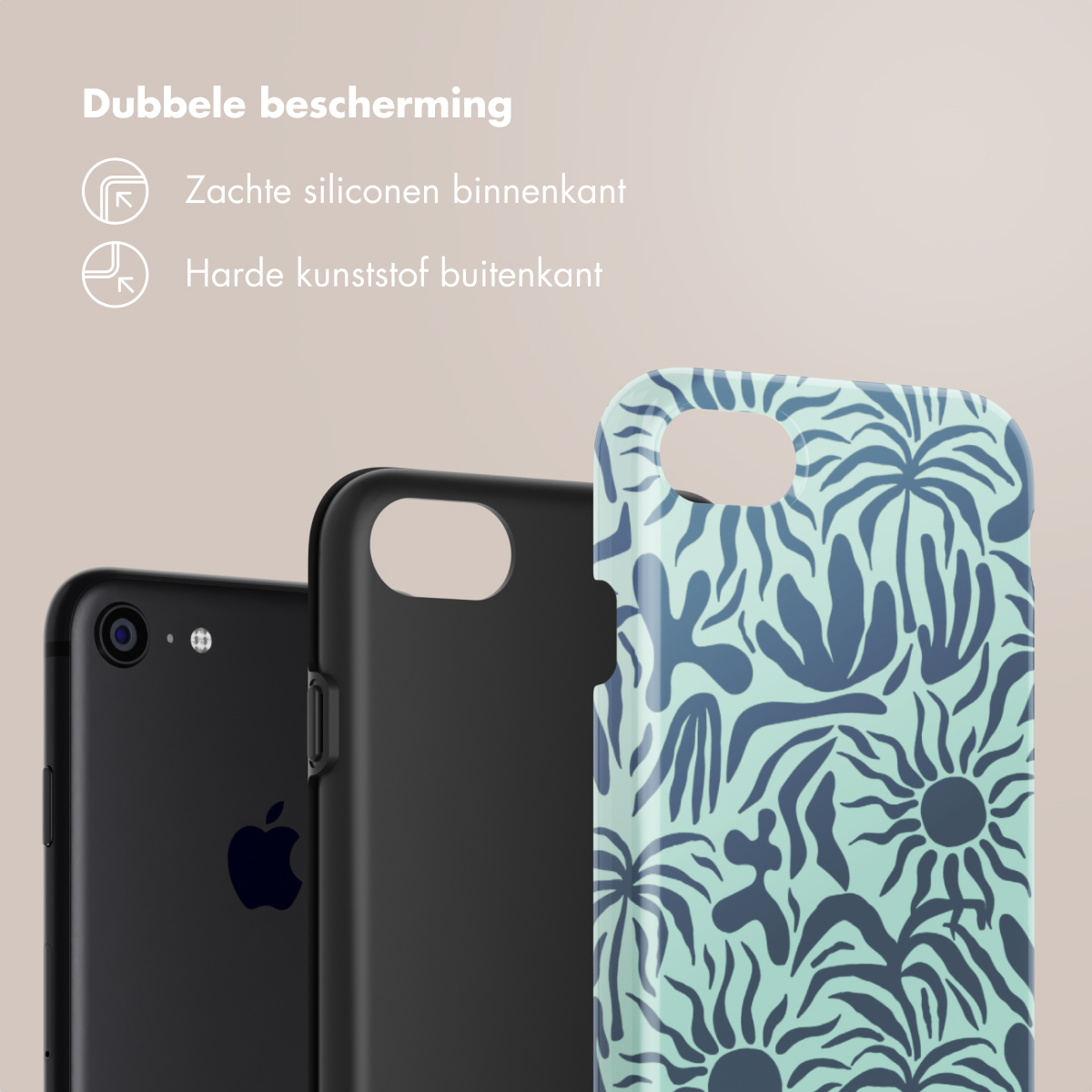 Zwarte iPhone en twee telefoonhoesjes. Eén heeft een blauw bloemenontwerp, de andere is zwart.