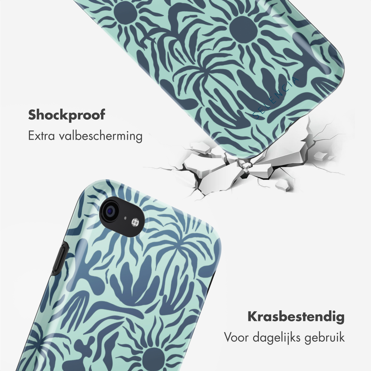 Telefoonhoesje met een bloemenontwerp, barstend oppervlak toont schokbestendigheid. Tekst: Schokbestendig. Extra bescherming.